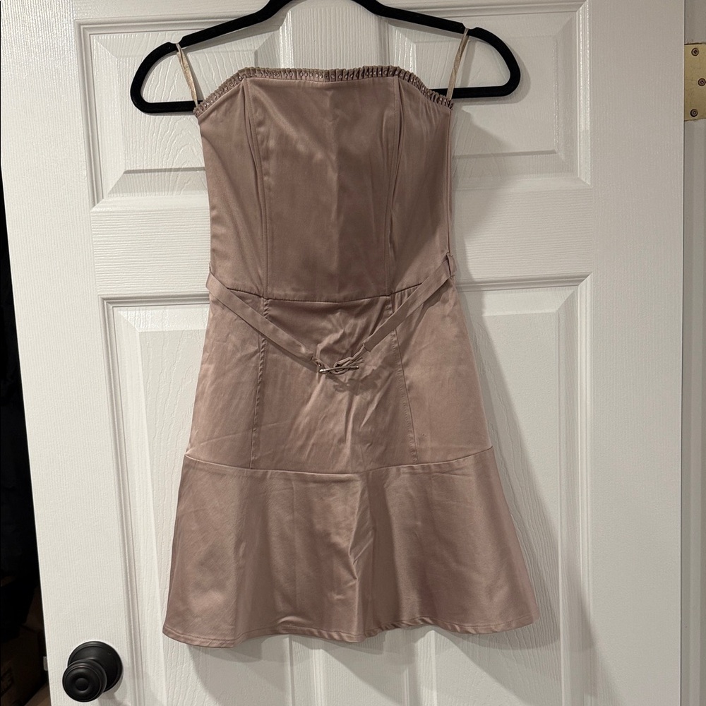 Taupe satin strapless dress